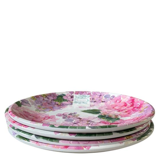 NEW Shabby Chic Pink Floral Hydrangea Melamine Dinner Plates 11in Set of 4 - Picture 4 of 9